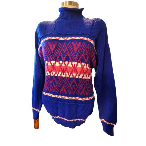 Ossi Skiwear Sweater Woman's 1980s Blue Pink Turtleneck Size Lg Vintage JJ1532 - Picture 2 of 9